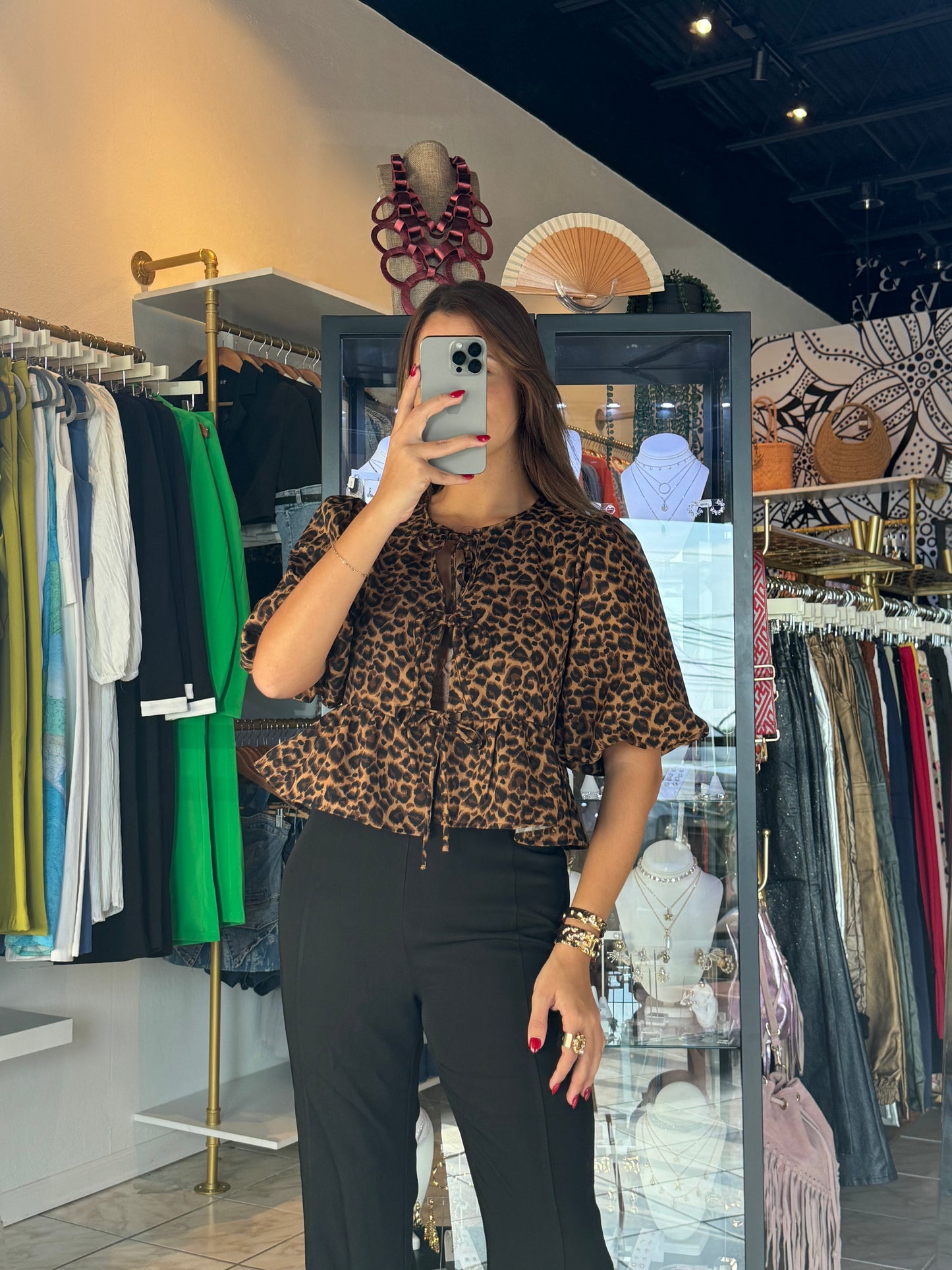 Leopard Puff Tie Front Top