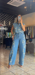 Lora Denim Sequins Pants Set
