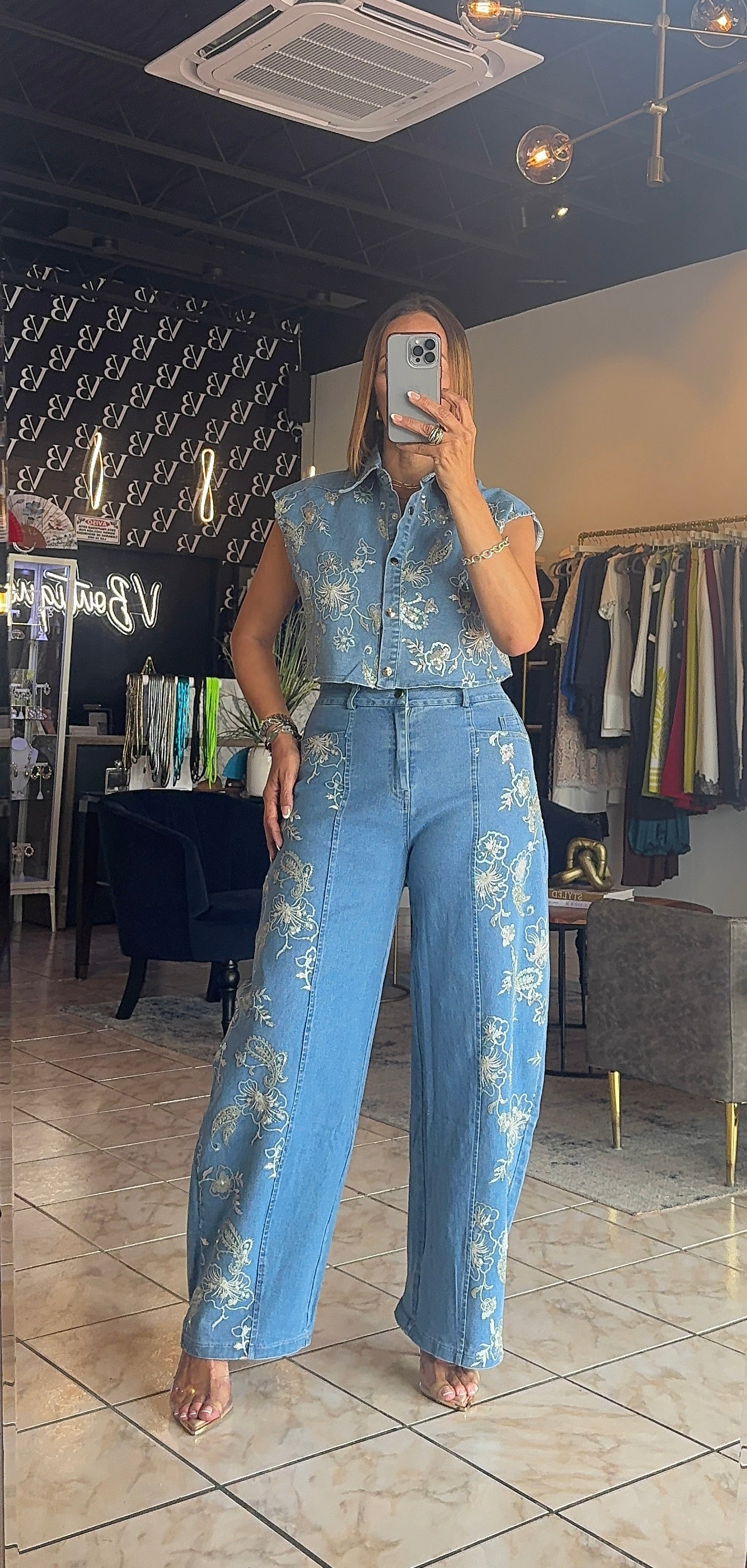 Lora Denim Sequins Pants Set