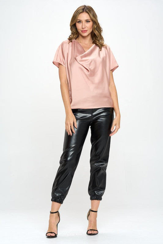 Satin Cowl Neck Short Sleeve Top