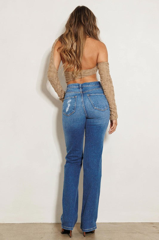 High Rise Subtle Distressed Straight Jeans