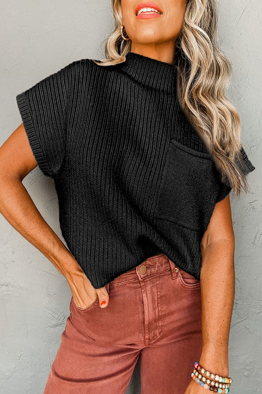 Women Pocket Ribbed Knit Short Sleeve Sweater