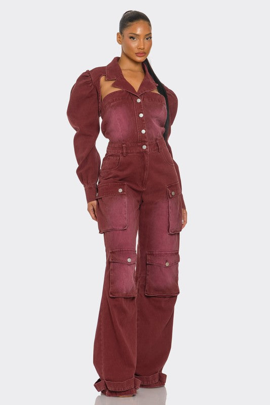 Vintage Inspired Utility Burgundy Jumpsuit