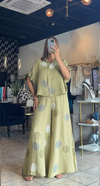 Polka Dot Linen Set- Military Green