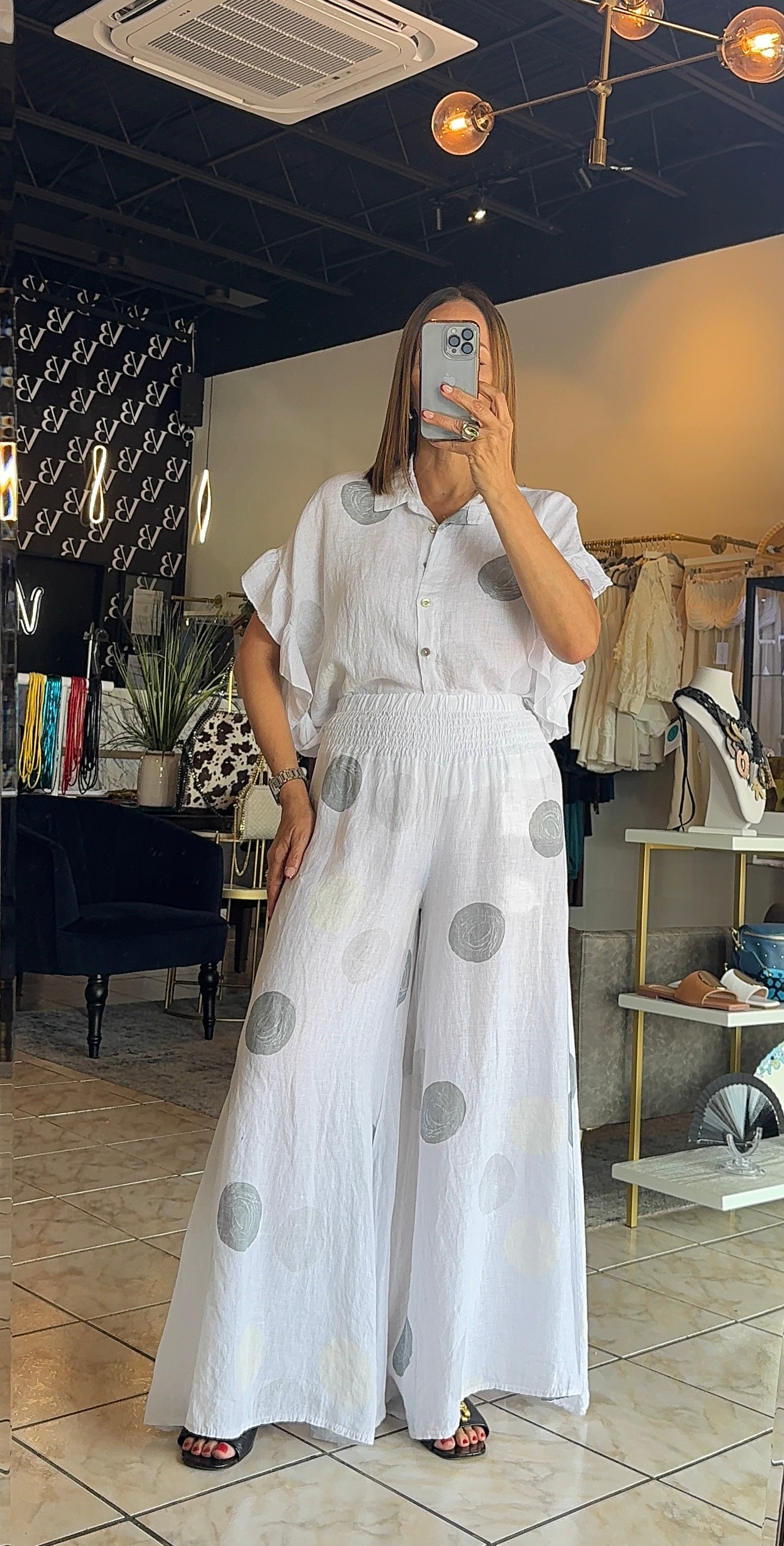 Polka Dot Linen Set-White