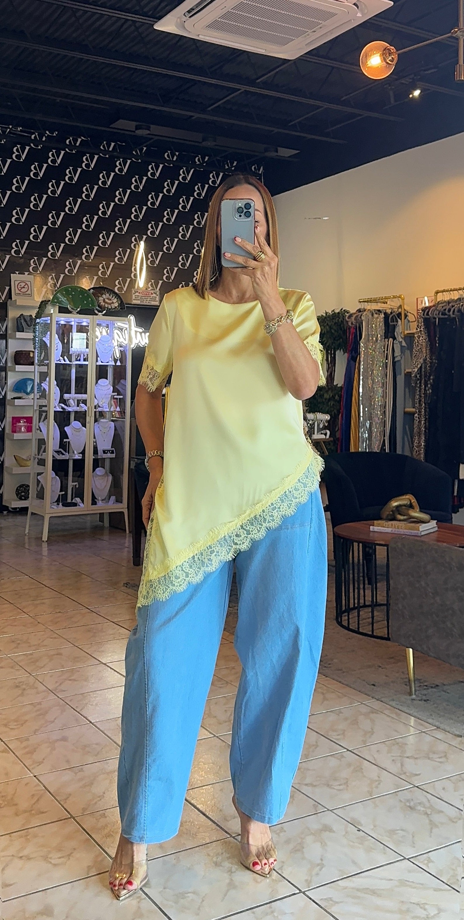 Laura Satin Lace Blouse-Yellow