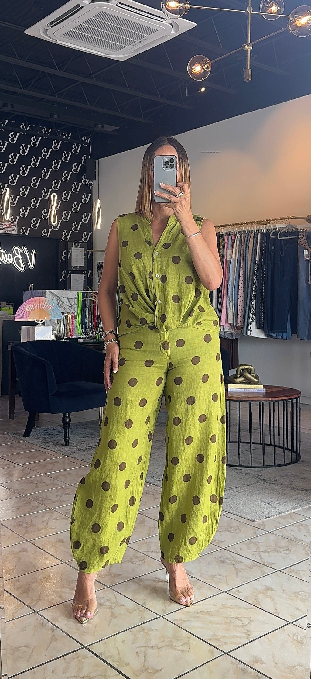Lorena Polka Line Bottom-Green/Brown