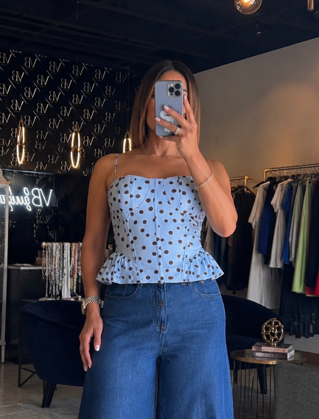 Lea Polka Top- Blue/Brown
