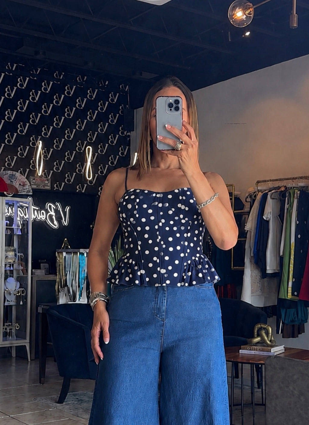 Lea Polka Top- Navy/White
