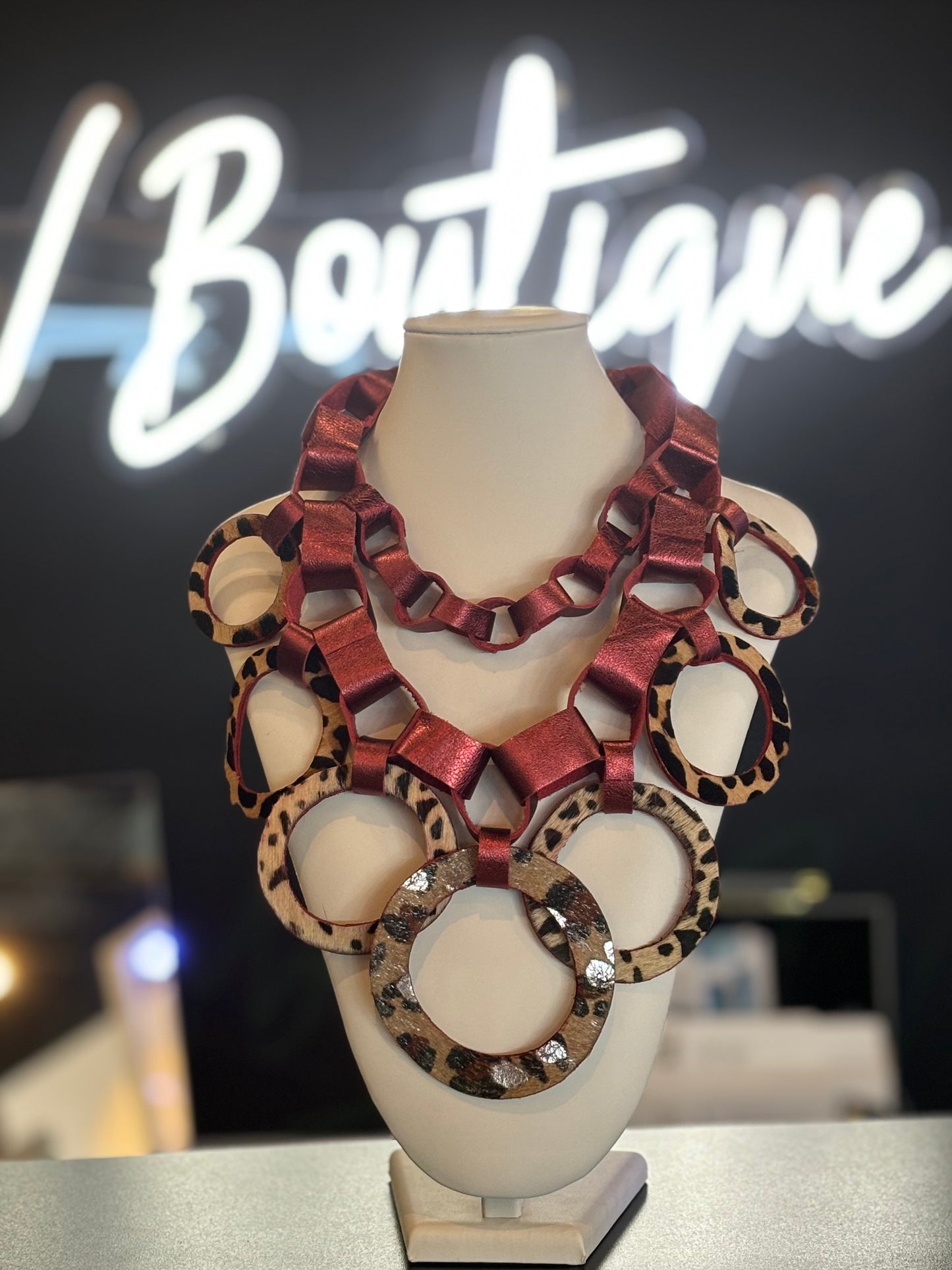 Burgundy Printed Leather Necklace