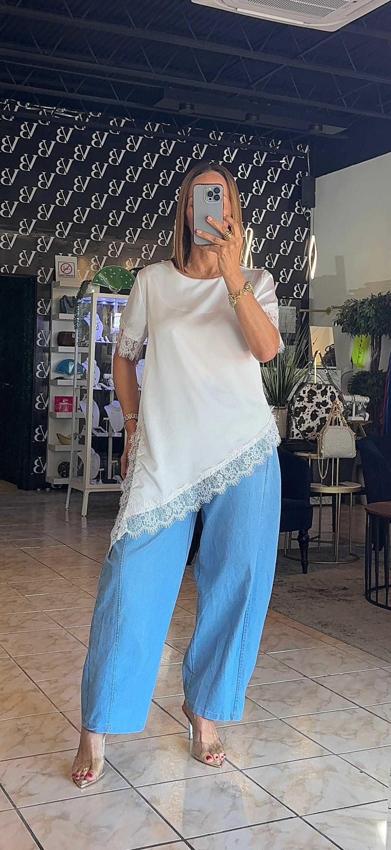 Laura Satin Lace Blouse-White