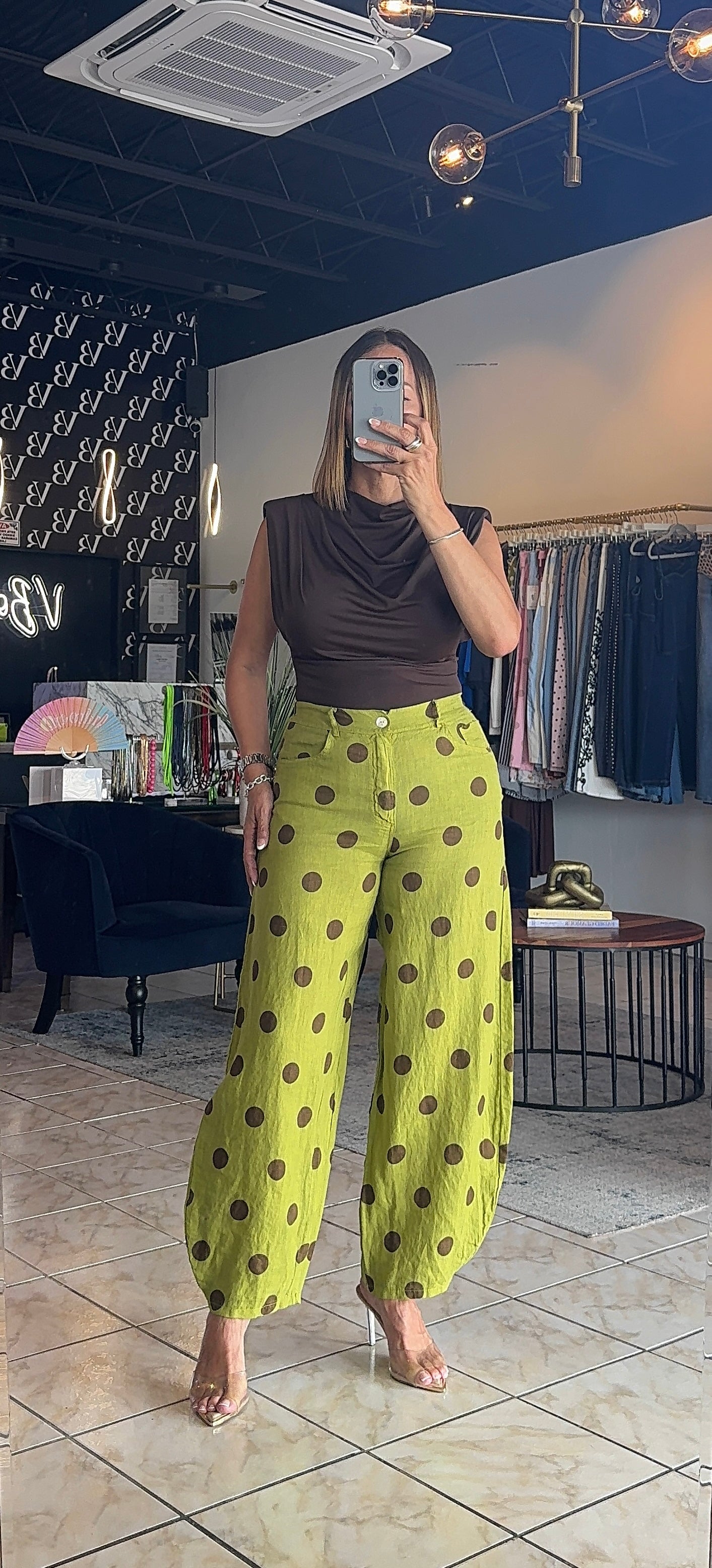 Lorena Polka Line Bottom-Green/Brown