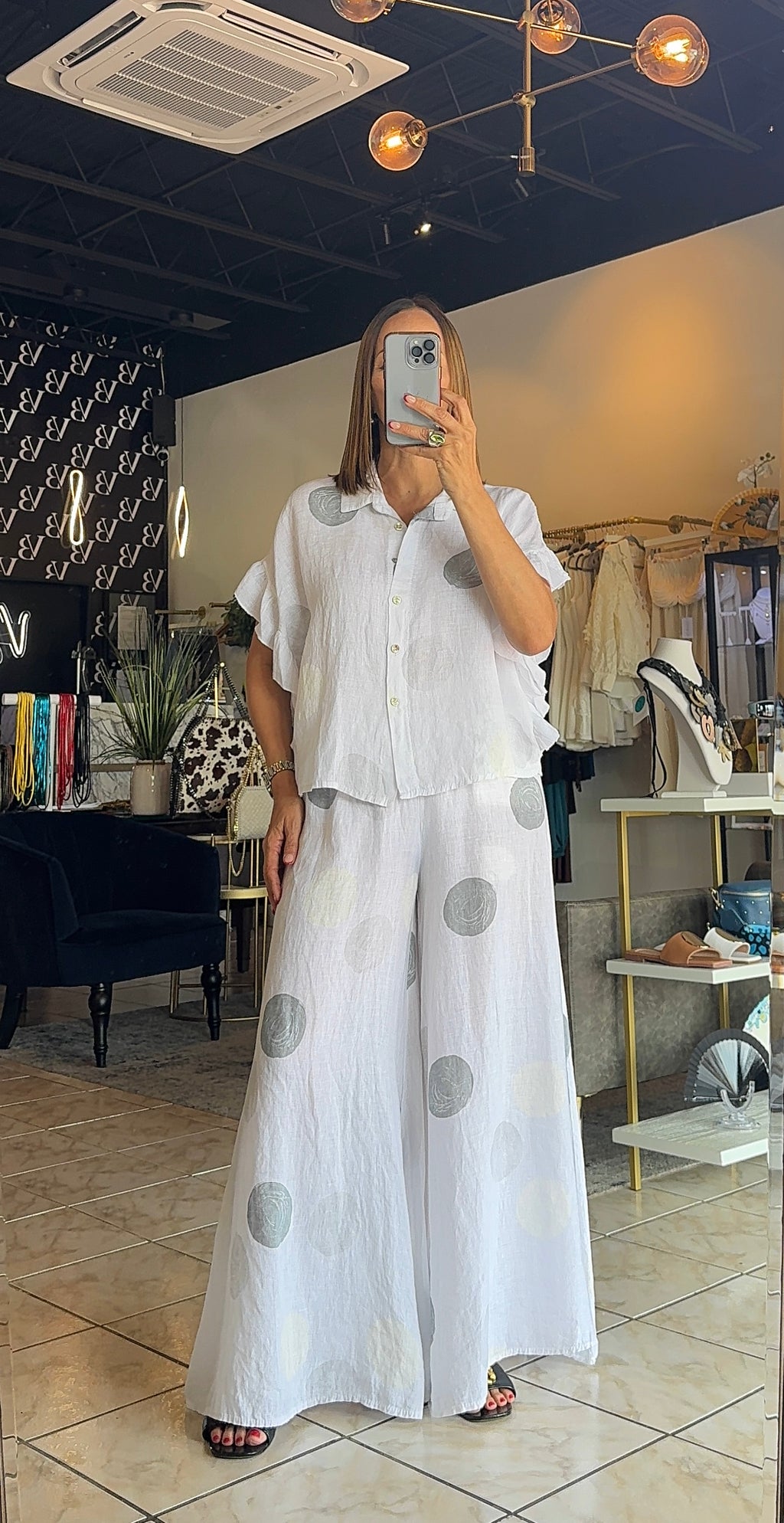 Polka Dot Linen Set-White