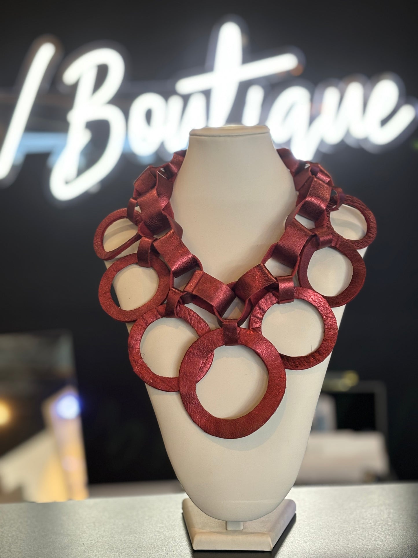 Burgundy Printed Leather Necklace