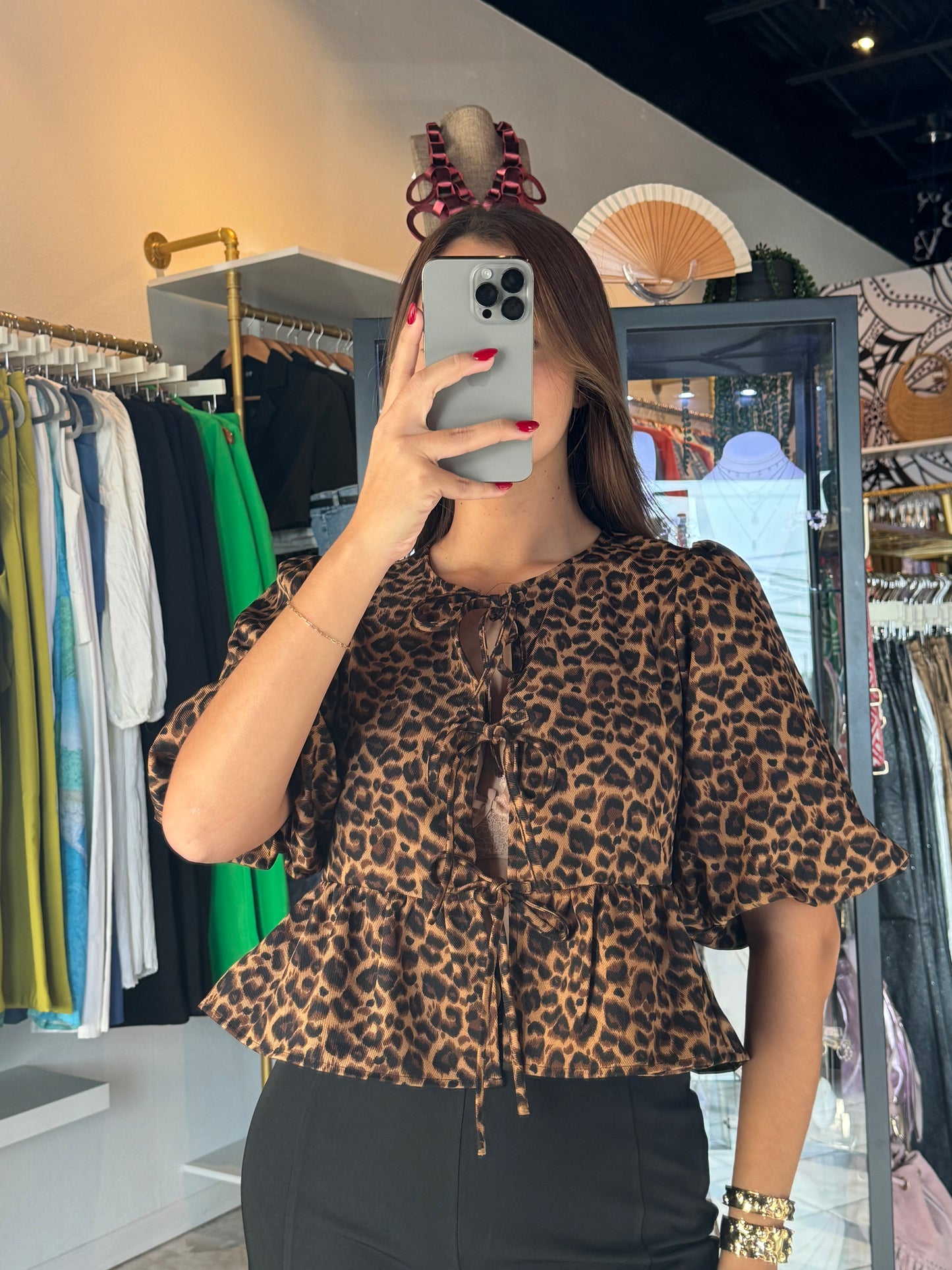 Leopard Puff Tie Front Top