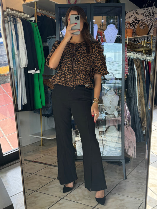 Leopard Puff Tie Front Top