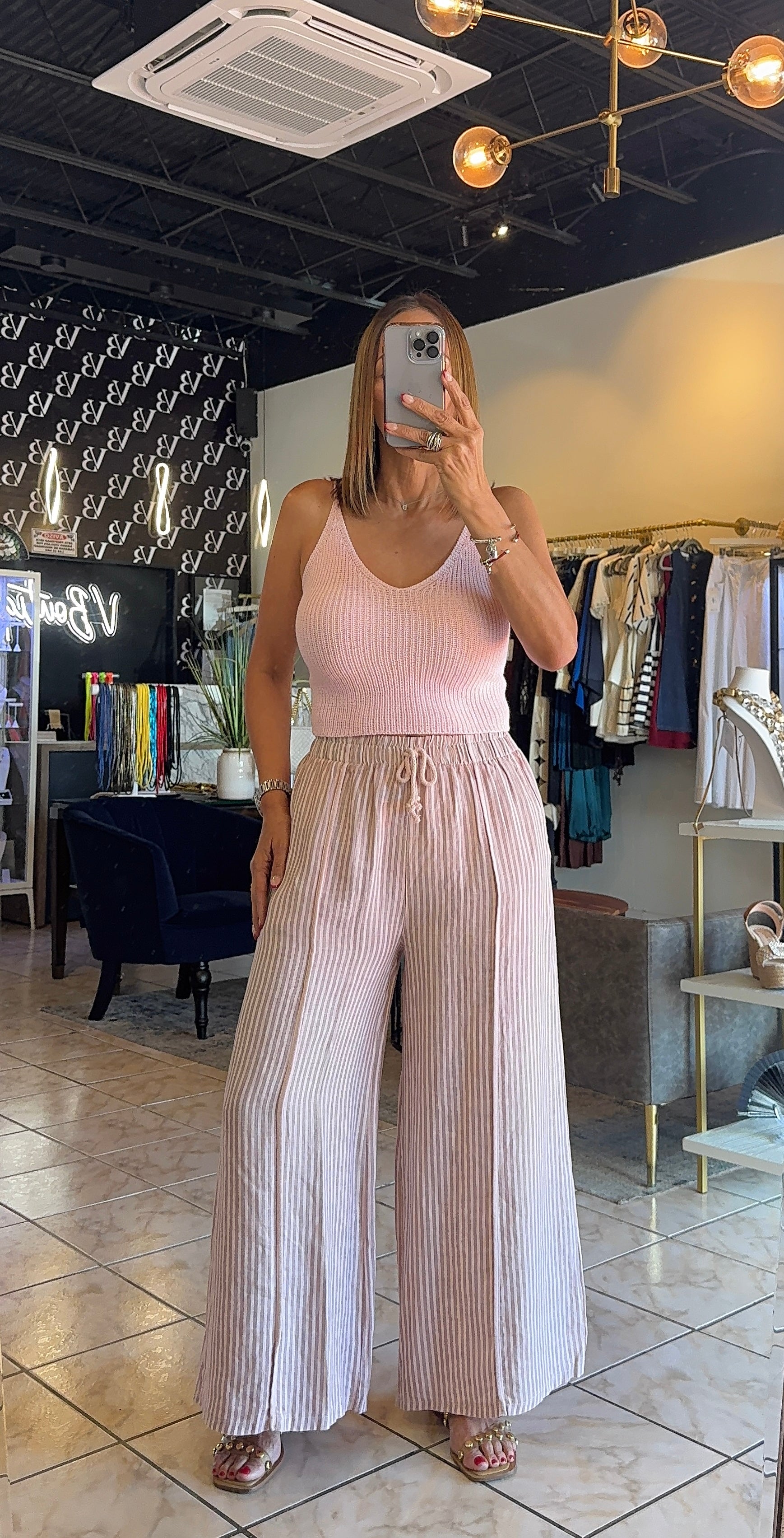 Linen Striped Bottom-Pink