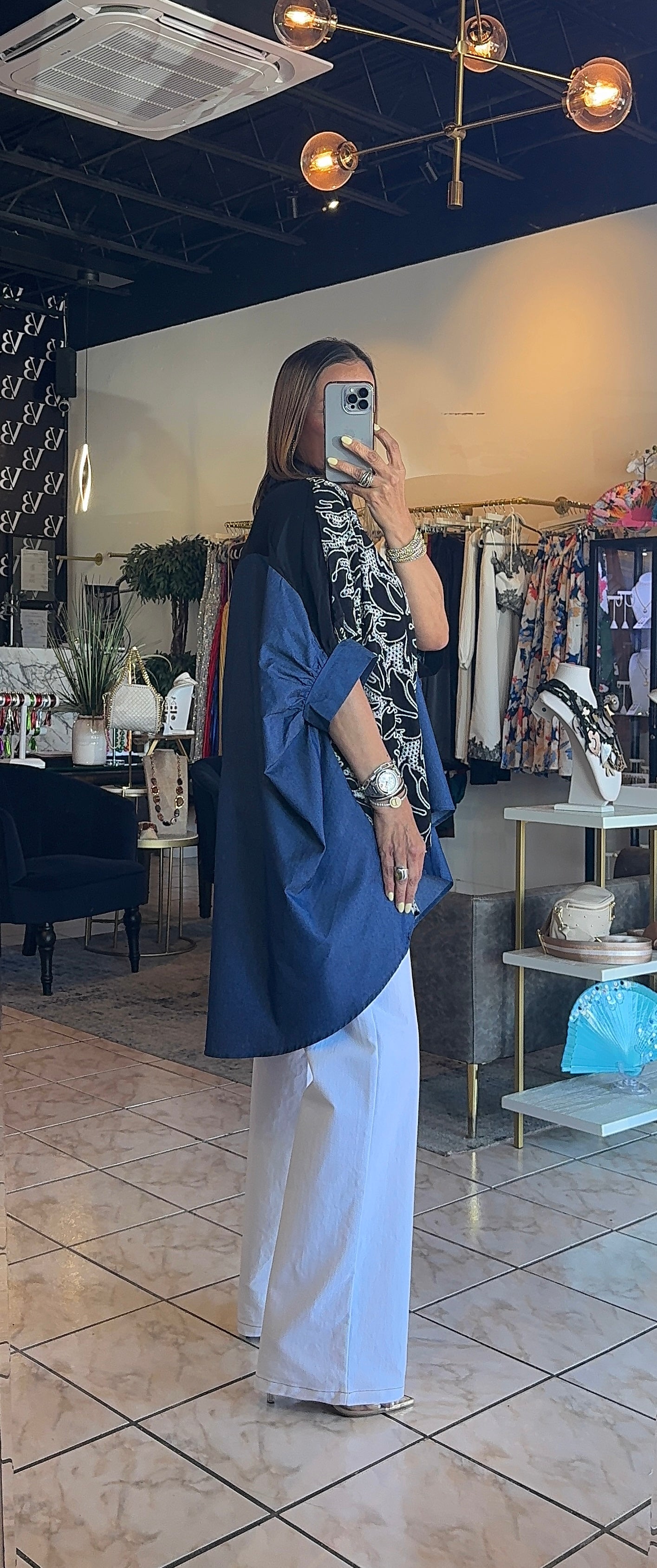Rita Denim Embroidery Tunic Top