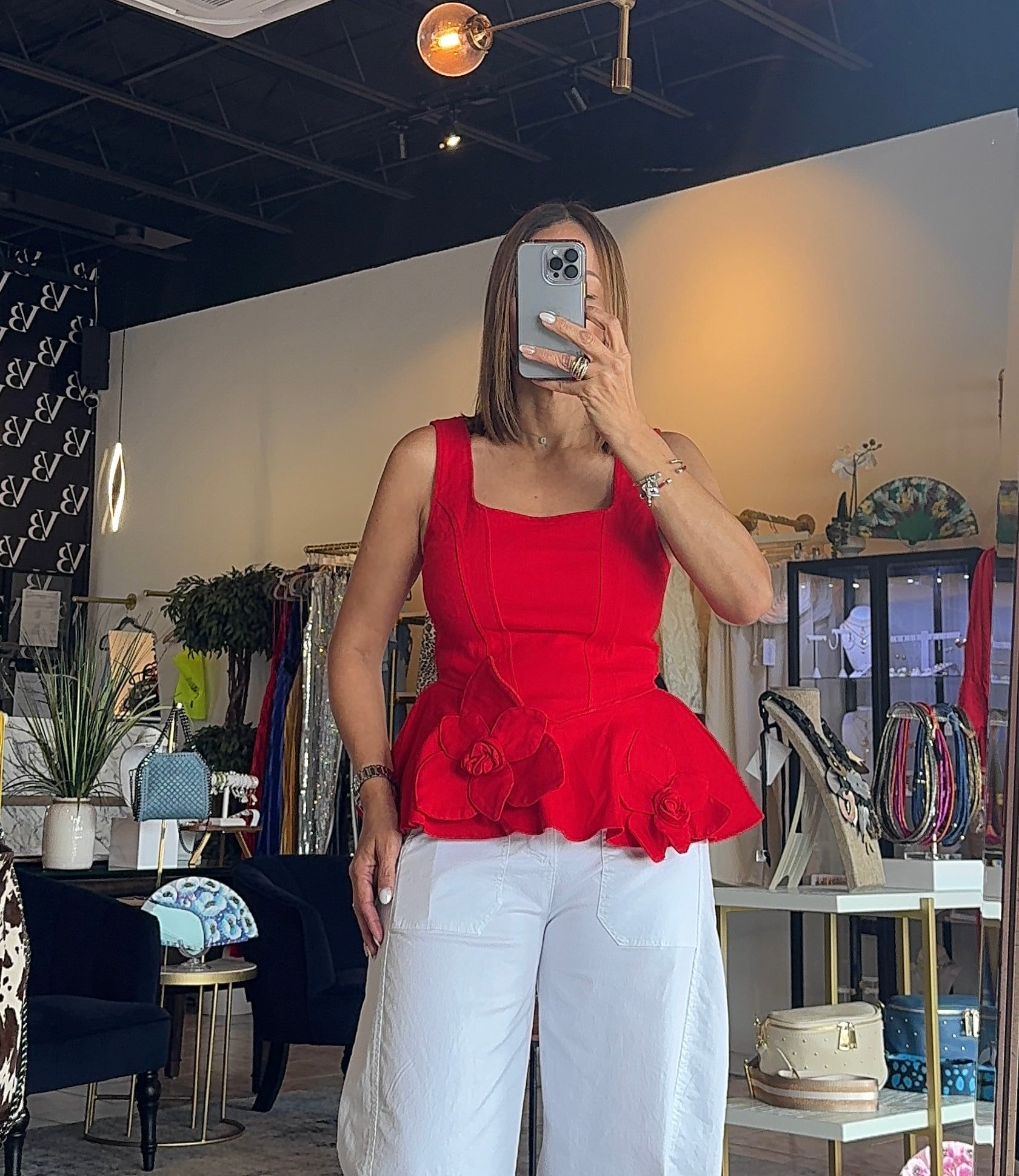 Red Denim Flower Top