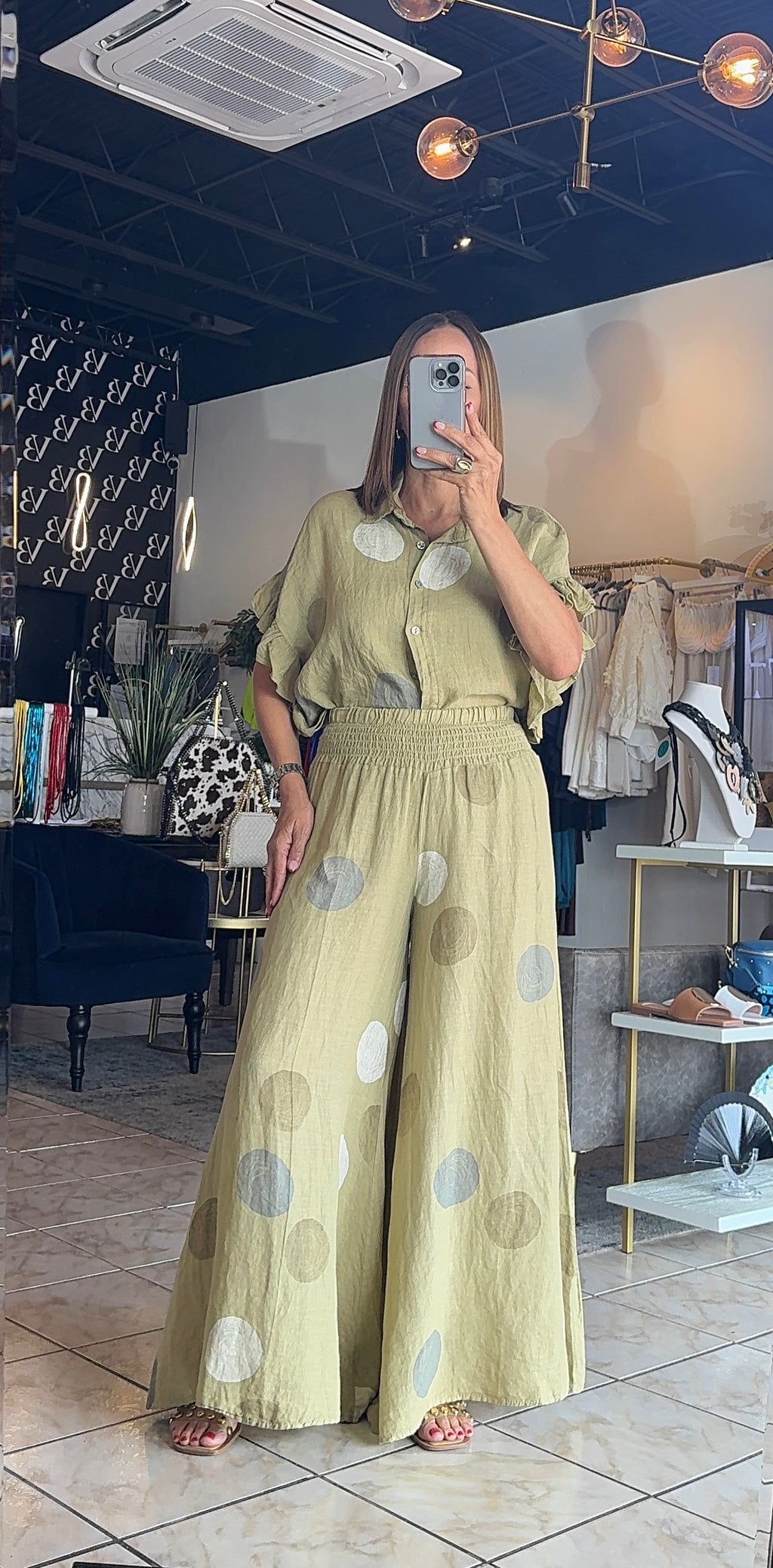 Polka Dot Linen Set- Military Green